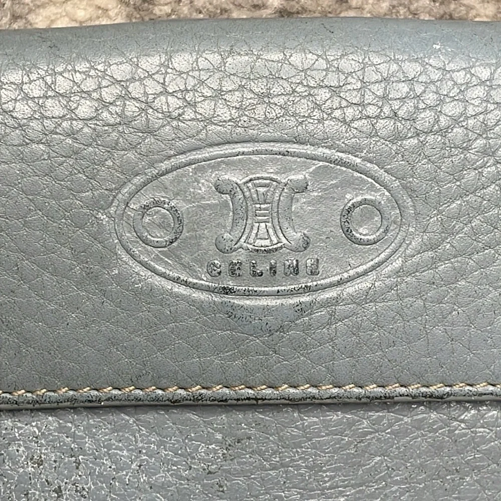 Celine Studded Pebbled Leather Compact Wallet Powder Blue Extra Card Holders